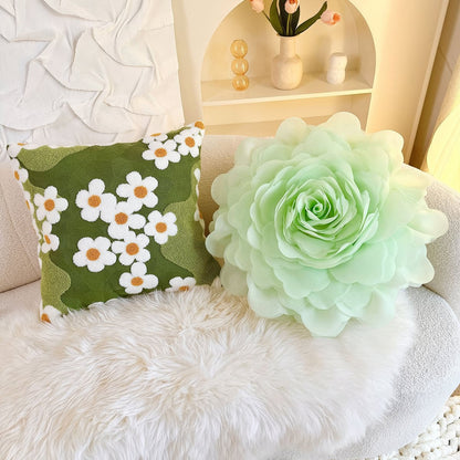 Green Garden Daisies Embroidered Cushion Cover