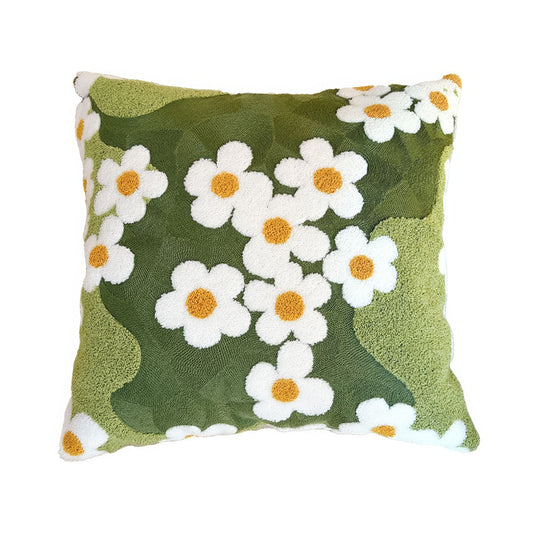 Green Garden Daisies Embroidered Cushion Cover