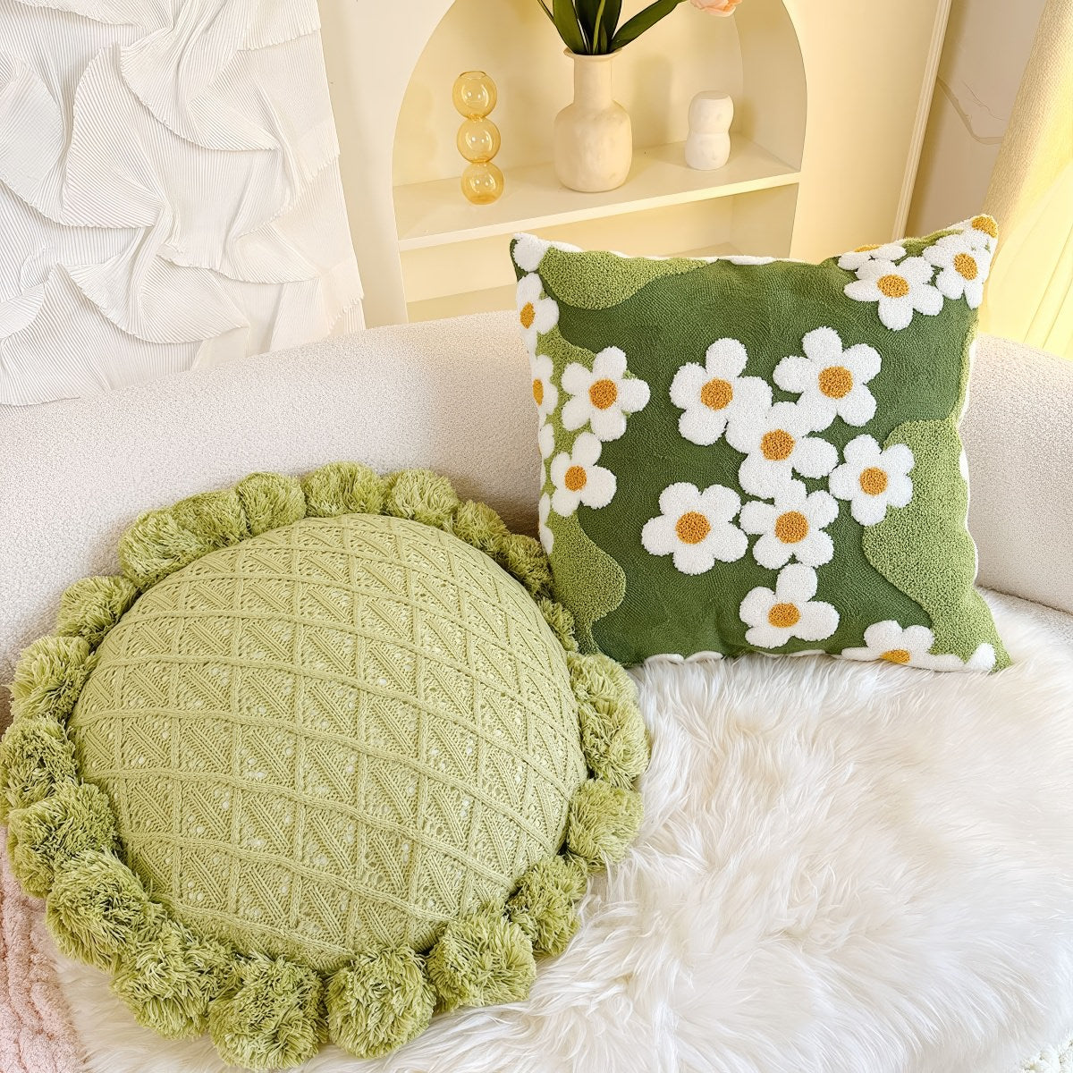 Green Garden Daisies Embroidered Cushion Cover