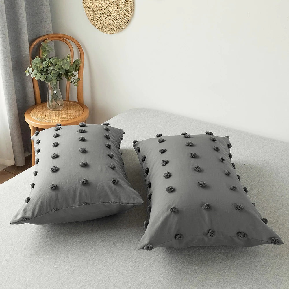 Grey Pom Pom Bedding Set bed sheet bedsheets bows plush ruffles SUB CATEGORY_Bedding Sets white