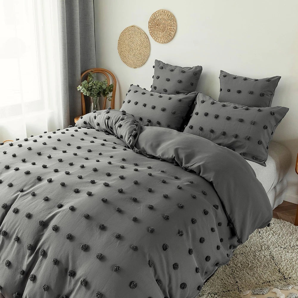 Grey Pom Pom Bedding Set bed sheet bedsheets bows plush ruffles SUB CATEGORY_Bedding Sets white