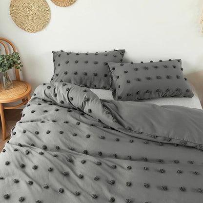 Grey Pom Pom Bedding Set bed sheet bedsheets bows plush ruffles SUB CATEGORY_Bedding Sets white