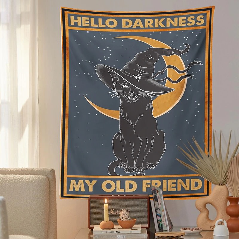 Hello Darkness Witchy Cat Tapestry fairycore moon phases mystery sun moon