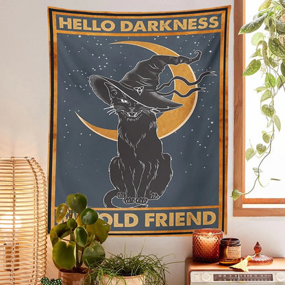 Hello Darkness Witchy Cat Tapestry fairycore moon phases mystery sun moon