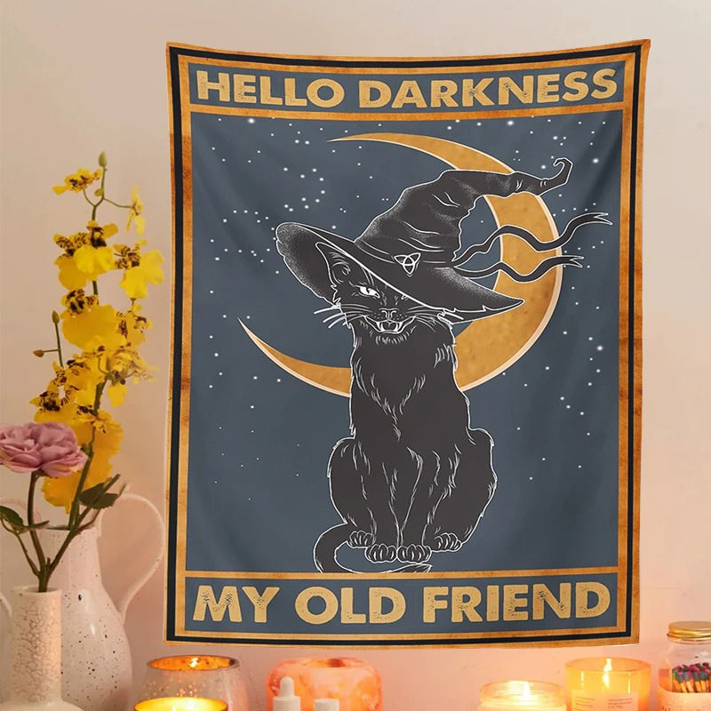 Hello Darkness Witchy Cat Tapestry fairycore moon phases mystery sun moon