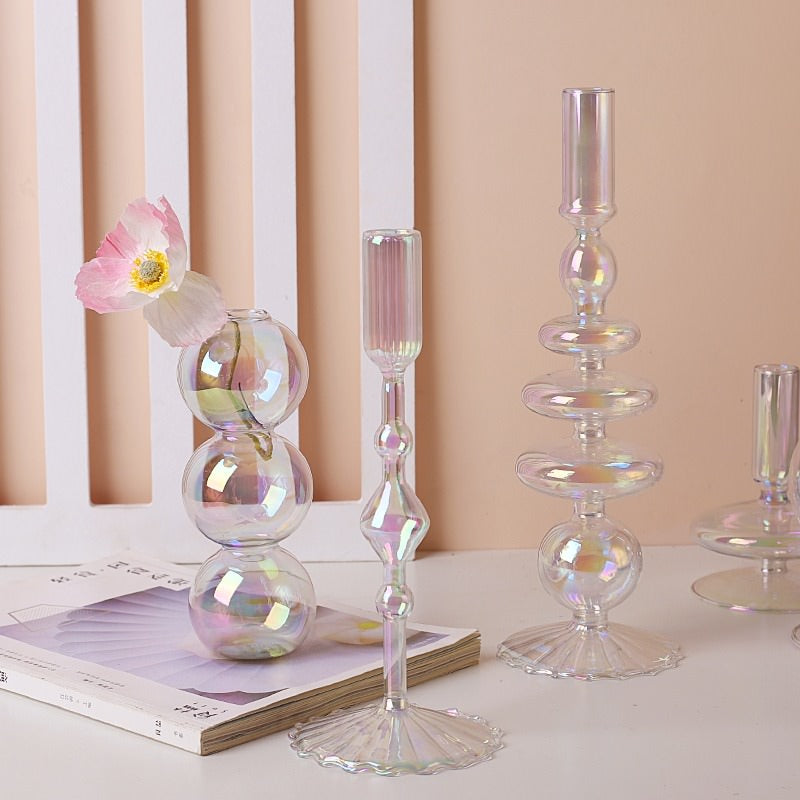 Iridescent Glass Candle Holder AESTHETIC_Danish Pastel blown glass candleholder SUB CATEGORY_Desk Accessories SUB CATEGORY_Vases