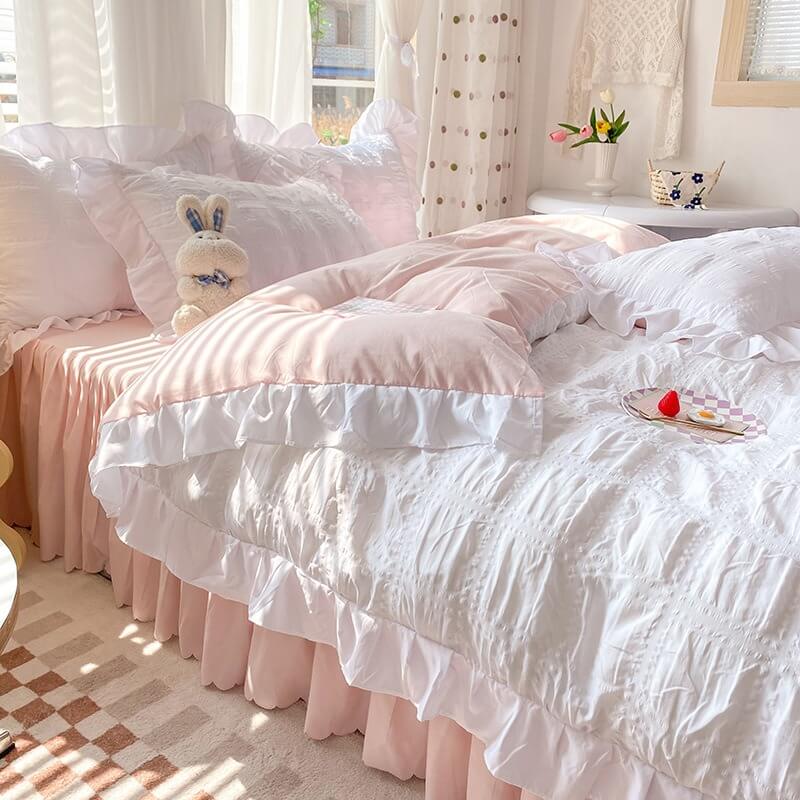 Kawaii Ruffle Bedding Set bed sheet bedsheets ruffles white