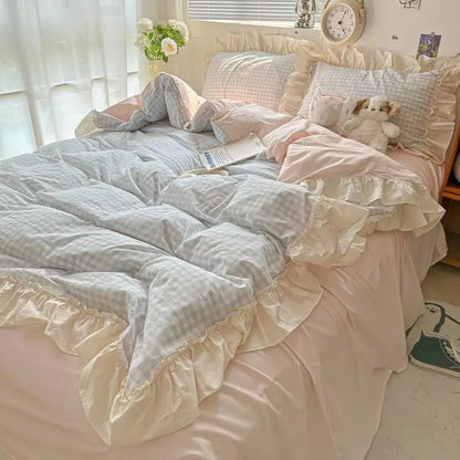 Juego de cama con volantes a cuadros pastel Kawaii