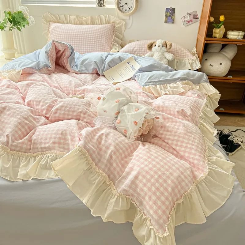 Conjunto de cama com babados xadrez pastel Kawaii