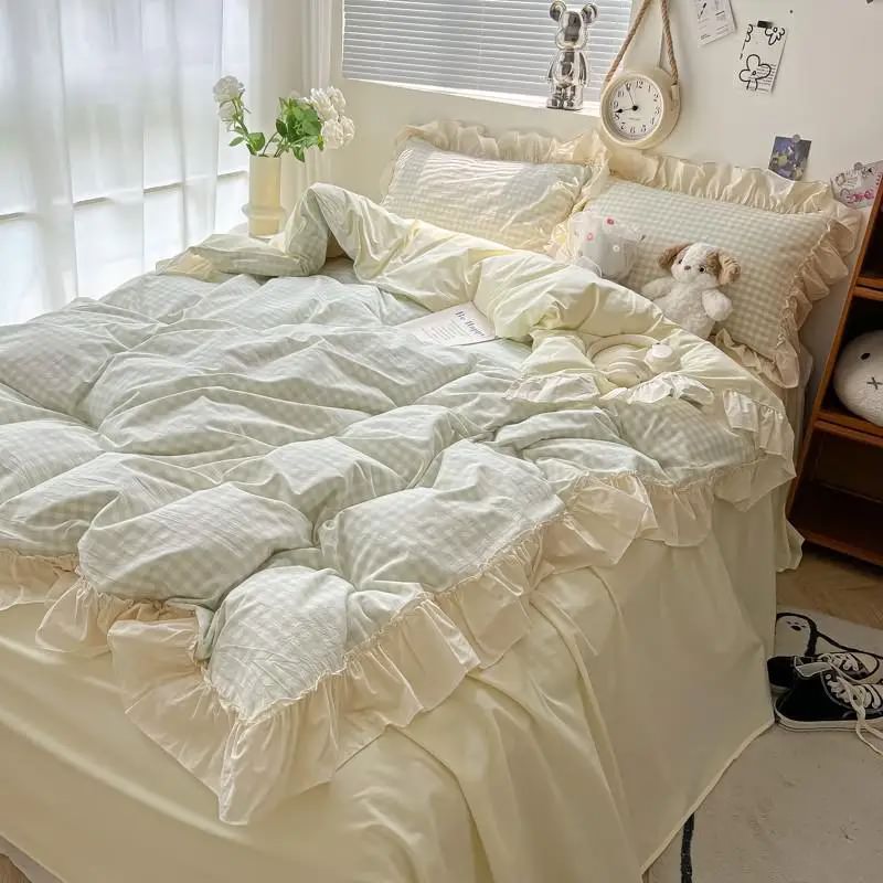 Kawaii Pastel Plaid Ruffle Bedding Set