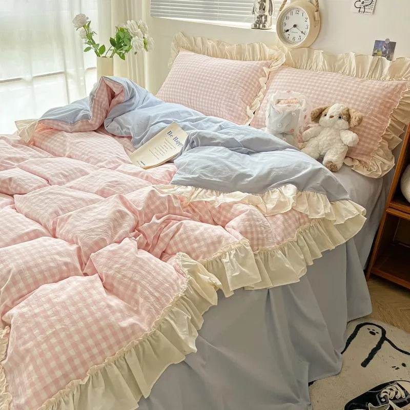 Conjunto de cama com babados xadrez pastel Kawaii