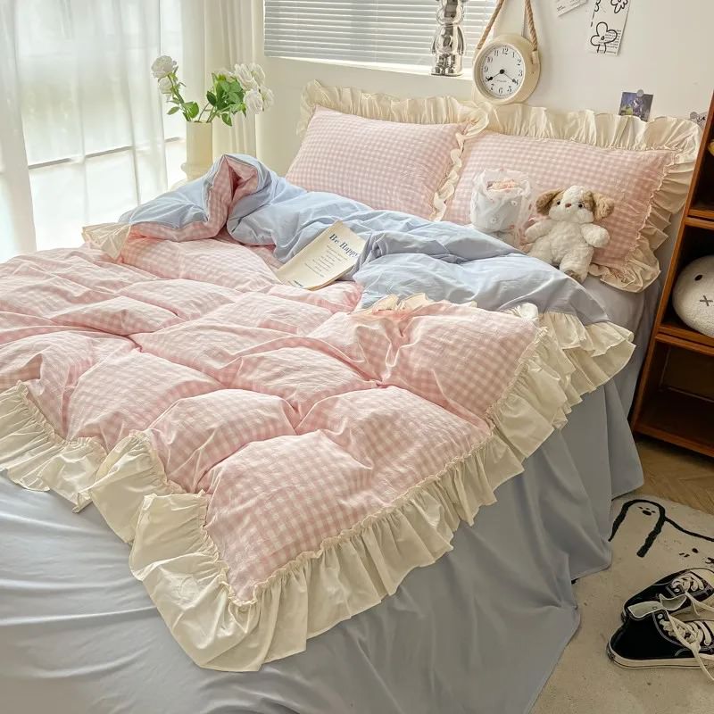 Juego de cama con volantes a cuadros pastel Kawaii