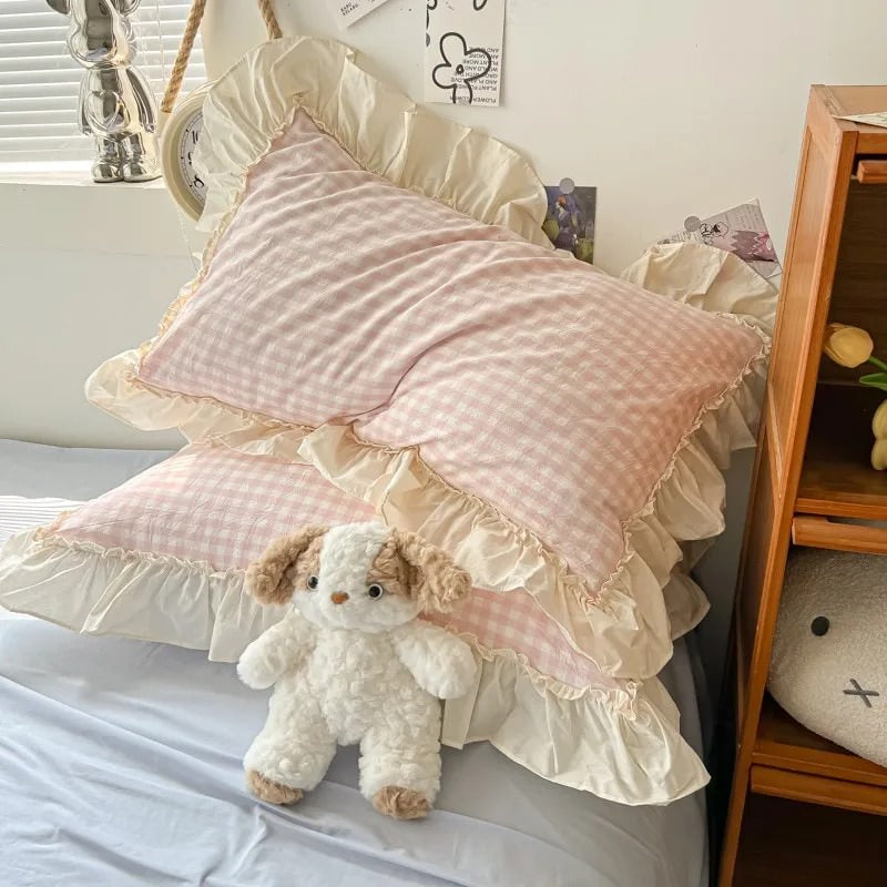 Kawaii Pastel Plaid Ruffle Bedding Set