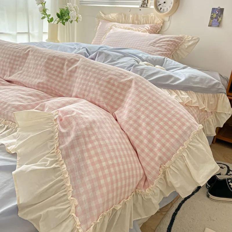 Conjunto de cama com babados xadrez pastel Kawaii