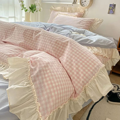 Juego de cama con volantes a cuadros pastel Kawaii