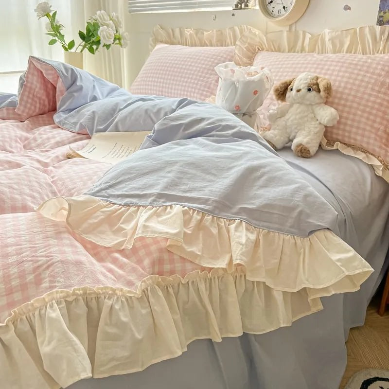 Conjunto de cama com babados xadrez pastel Kawaii