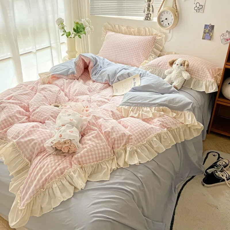 Conjunto de cama com babados xadrez pastel Kawaii