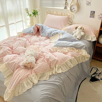 Juego de cama con volantes a cuadros pastel Kawaii