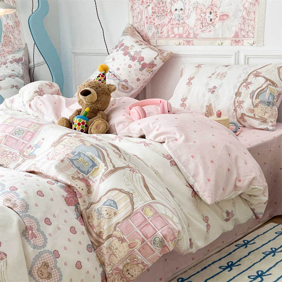 Kawaii Teddy Tea Party Bedding Set