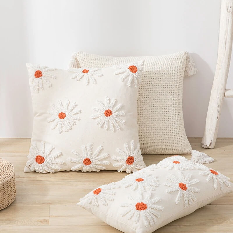 Light Beige Tufted Flower Cushion Cover cute flower daisy flower embroidered floral little flower SUB CATEGORY_Cushion Covers