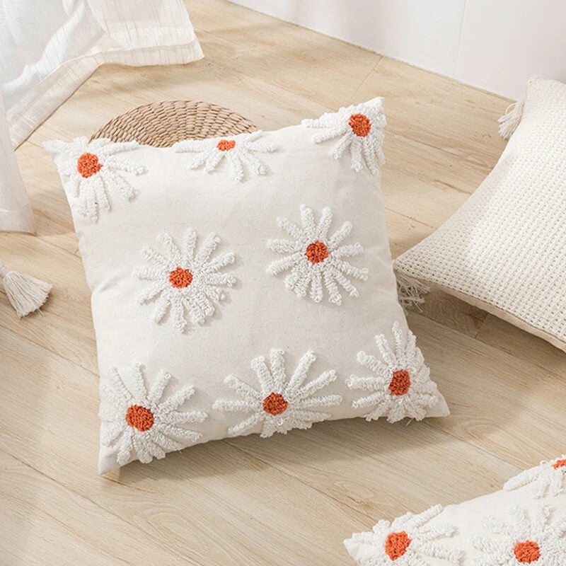 Light Beige Tufted Flower Cushion Cover cute flower daisy flower embroidered floral little flower SUB CATEGORY_Cushion Covers