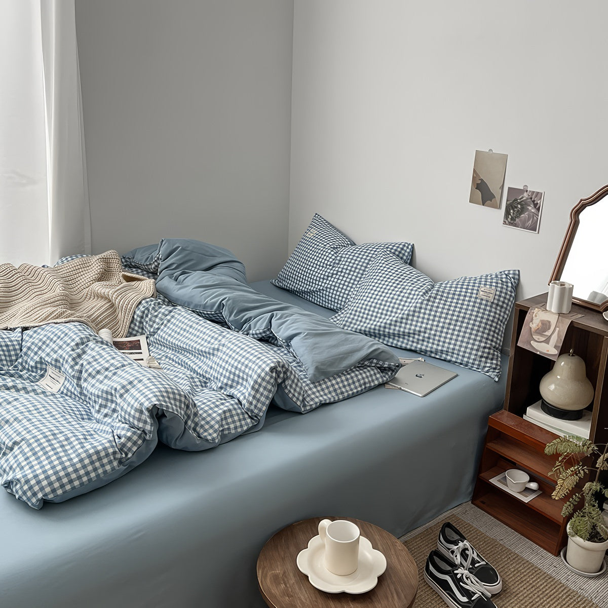 Hellblaues Gingham-Bettwäscheset