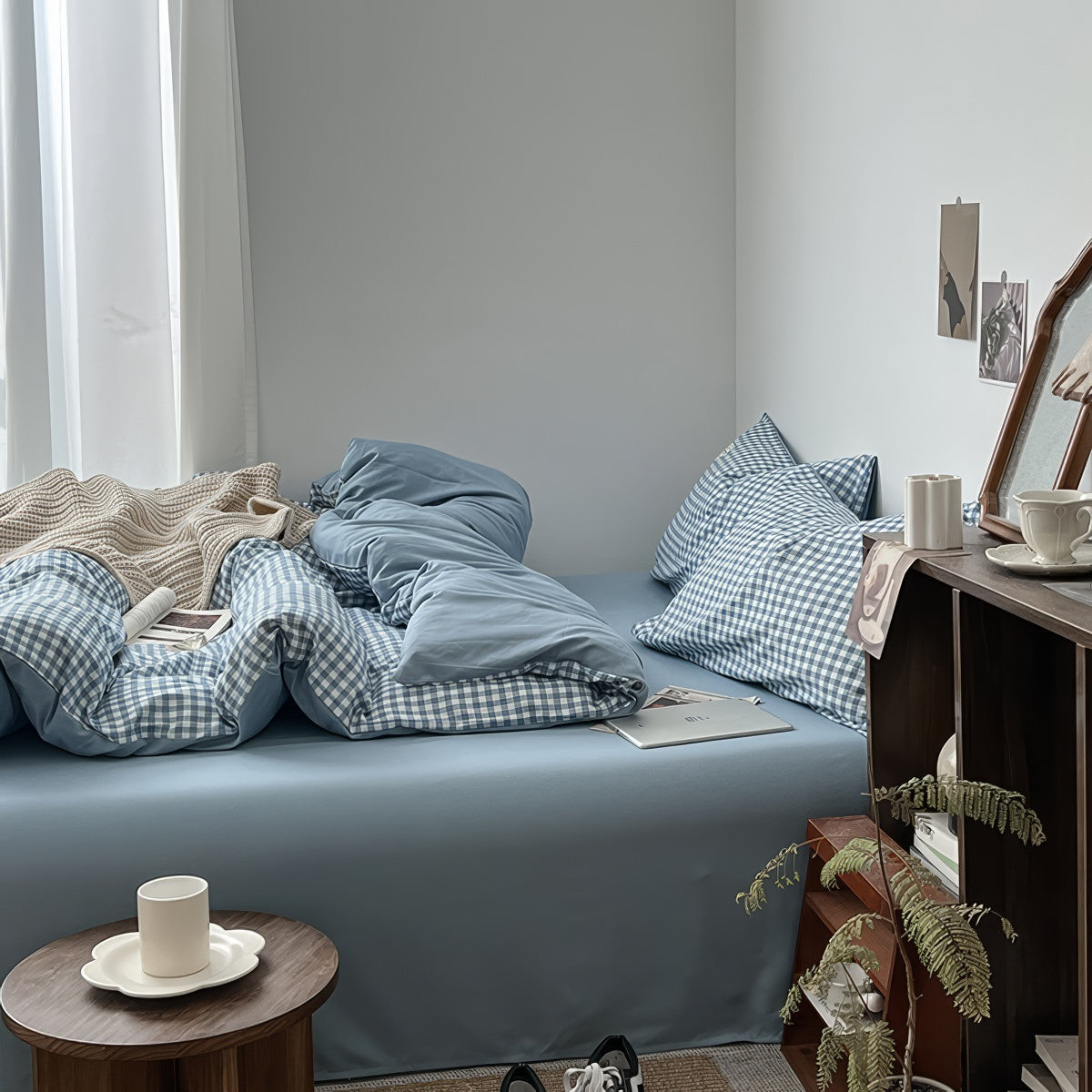 Hellblaues Gingham-Bettwäscheset