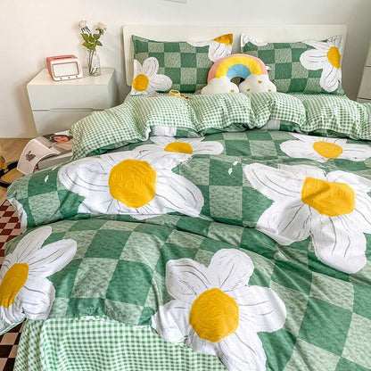 Light Green Checkered Daisies Bedding Set bed sheet bedsheets chamomile cute flower daisy flower flowers little flower SUB CATEGORY_Bedding Sets sunflowers