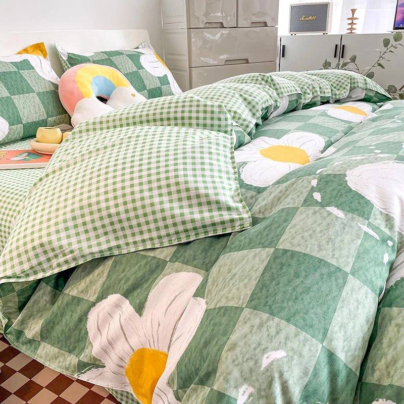 Light Green Checkered Daisies Bedding Set bed sheet bedsheets chamomile cute flower daisy flower flowers little flower SUB CATEGORY_Bedding Sets sunflowers