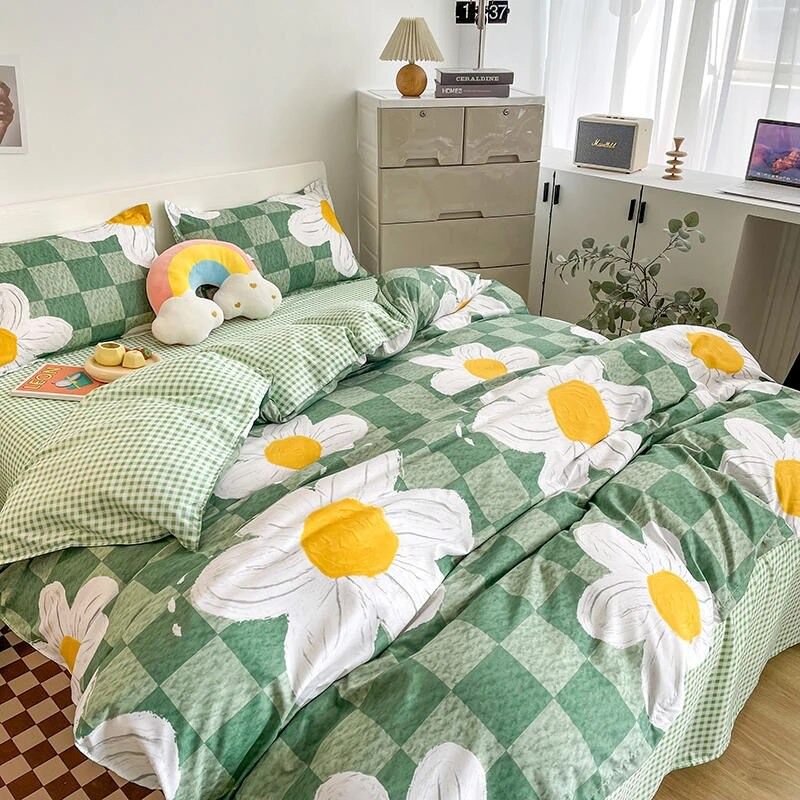 Light Green Checkered Daisies Bedding Set bed sheet bedsheets chamomile cute flower daisy flower flowers little flower SUB CATEGORY_Bedding Sets sunflowers