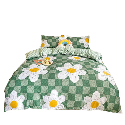 Light Green Checkered Daisies Bedding Set bed sheet bedsheets chamomile cute flower daisy flower flowers little flower SUB CATEGORY_Bedding Sets sunflowers