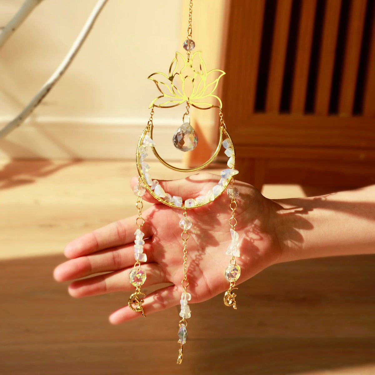 Crystal Lotus Suncatcher with Moon Pendant