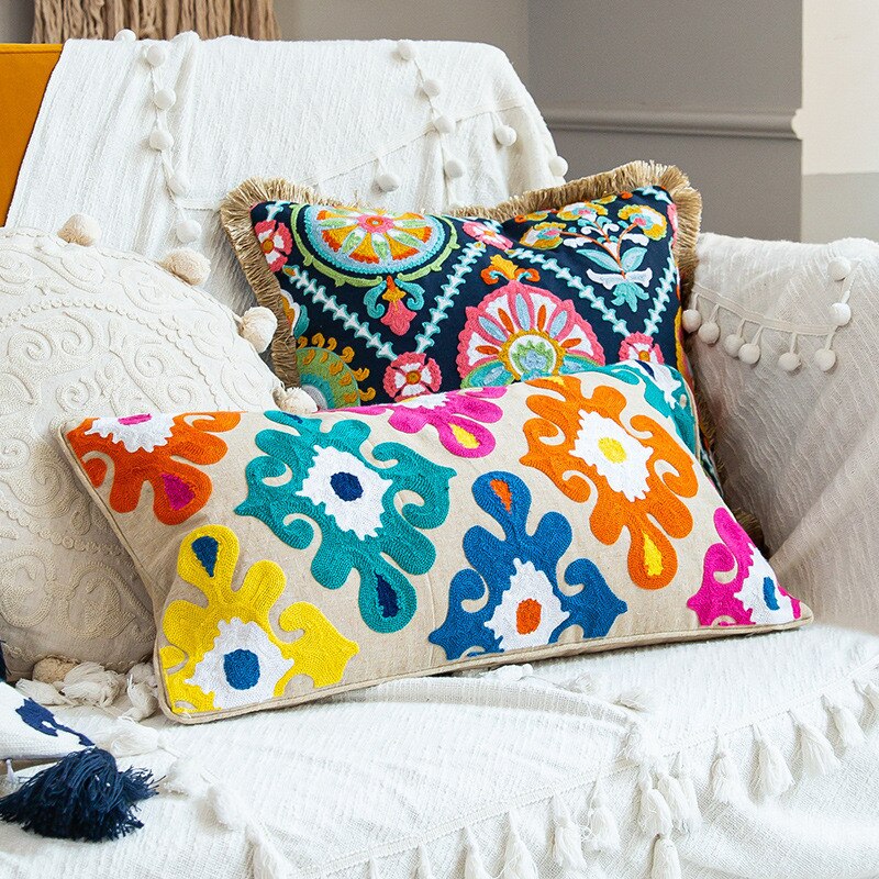Embroidery Colorful Floral Pillow Cover