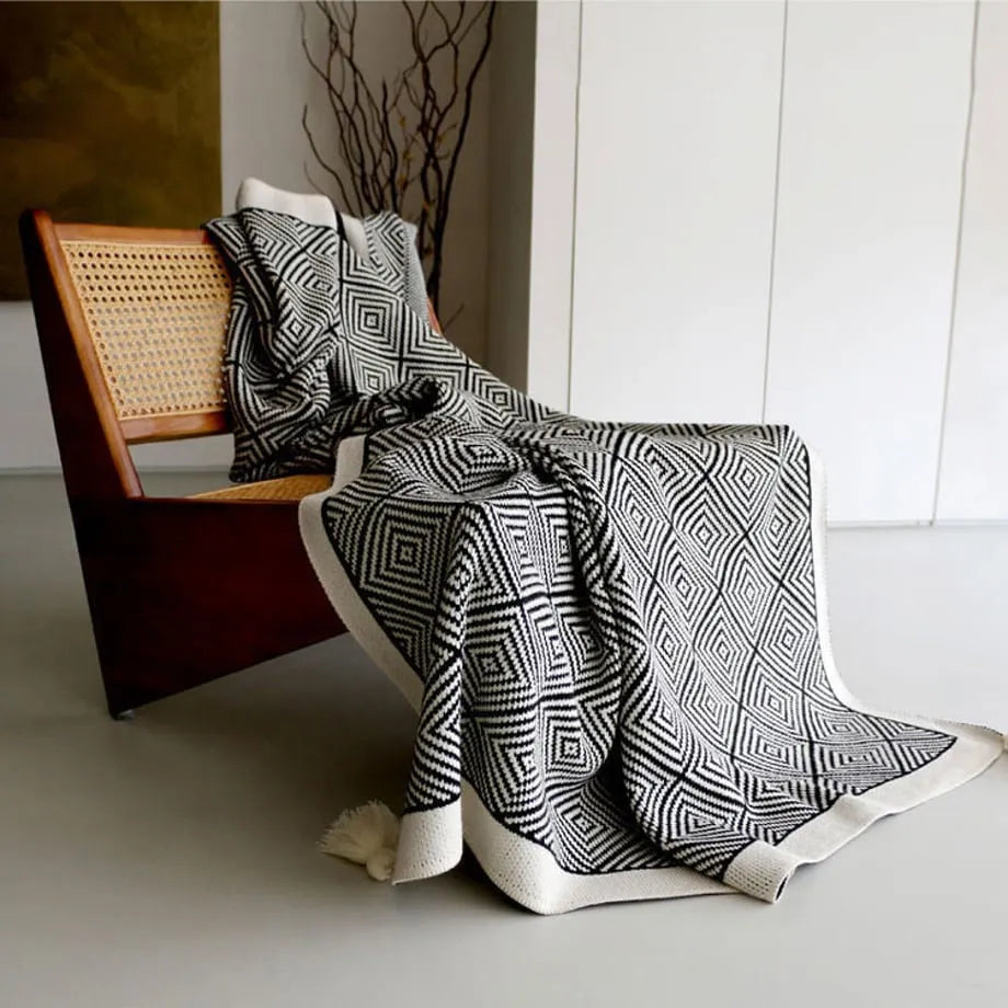 Minimal Nordic Diamond Knit Fleece Throw Blanket