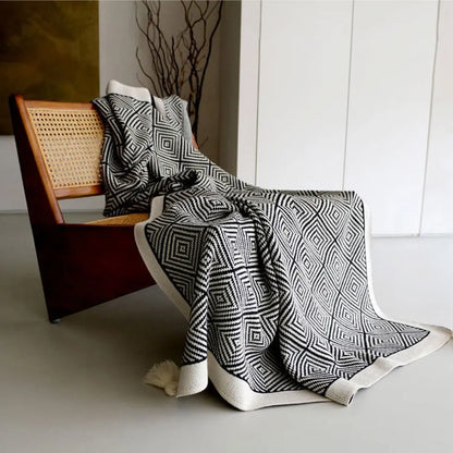 Minimal Nordic Diamond Knit Fleece Throw Blanket