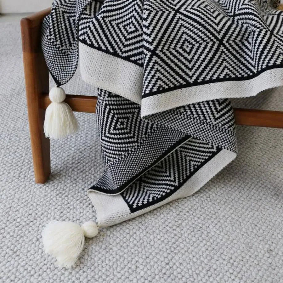 Minimal Nordic Diamond Knit Fleece Throw Blanket