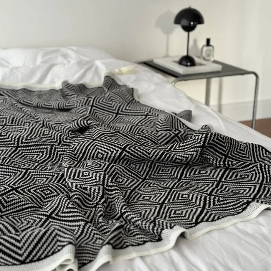 Minimal Nordic Diamond Knit Fleece Throw Blanket