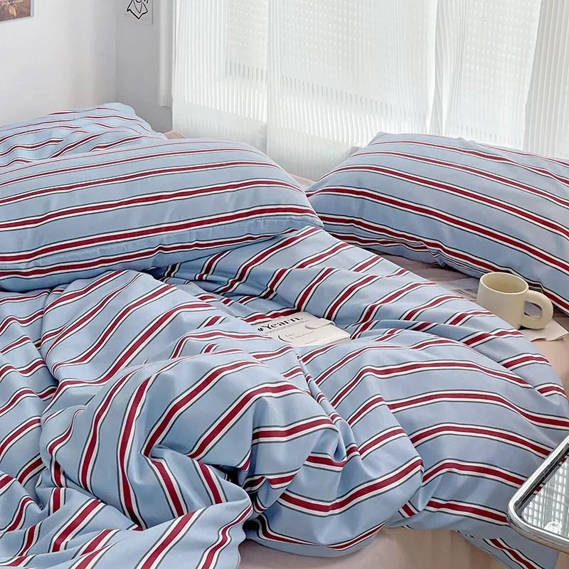 Minimalist Red Striped Light Blue Bedding Set bed sheet bedsheets duvet cover