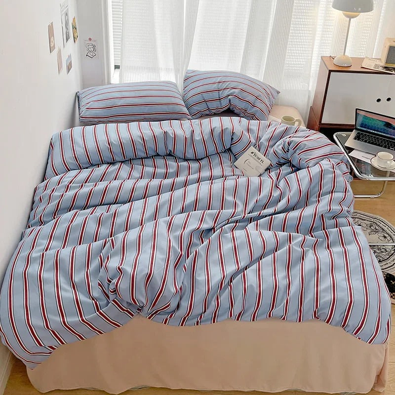 Minimalist Red Striped Light Blue Bedding Set bed sheet bedsheets duvet cover