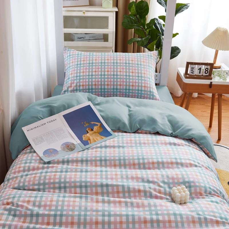 Conjunto de cama de dormitório xadrez azul pastel