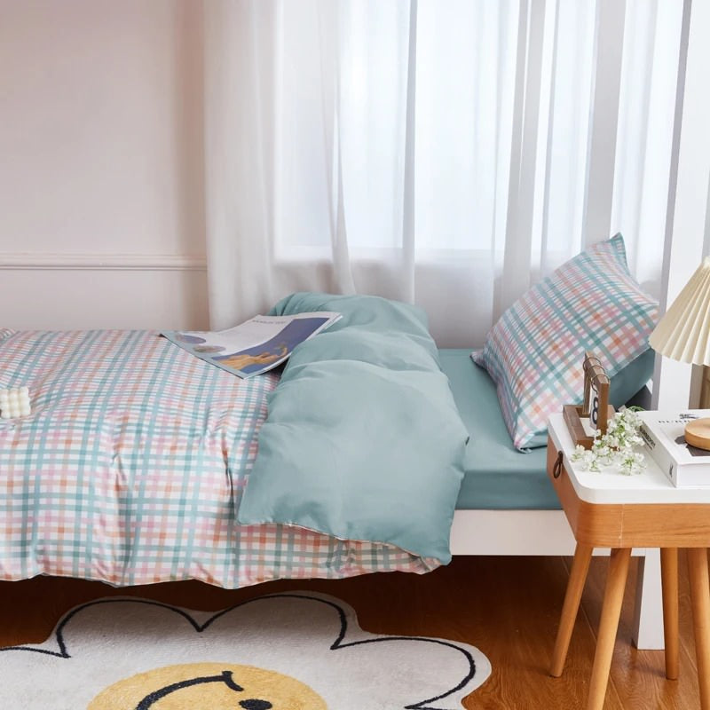 Conjunto de cama de dormitório xadrez azul pastel