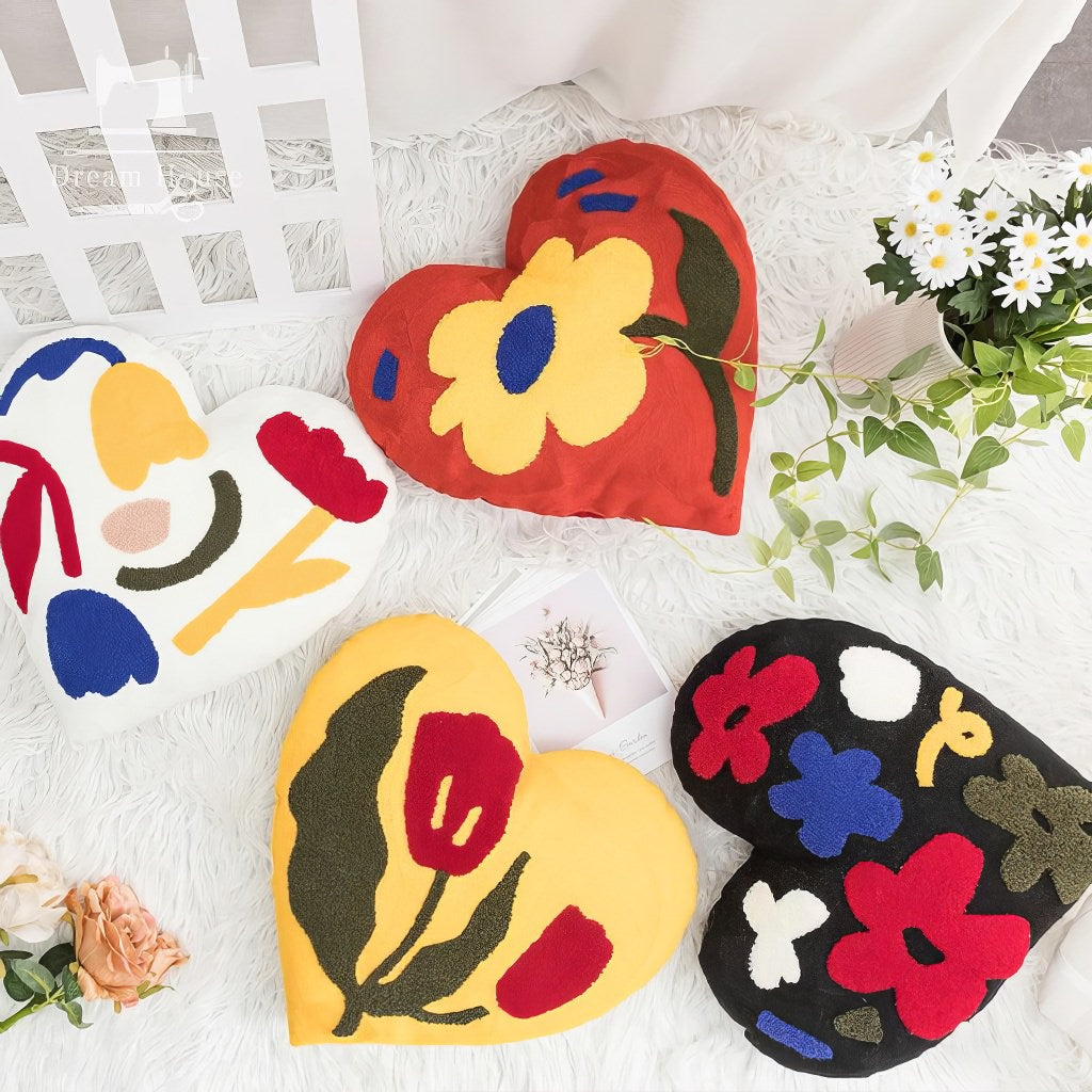 Modern Flowers Tufted Heart Shaped Pillow