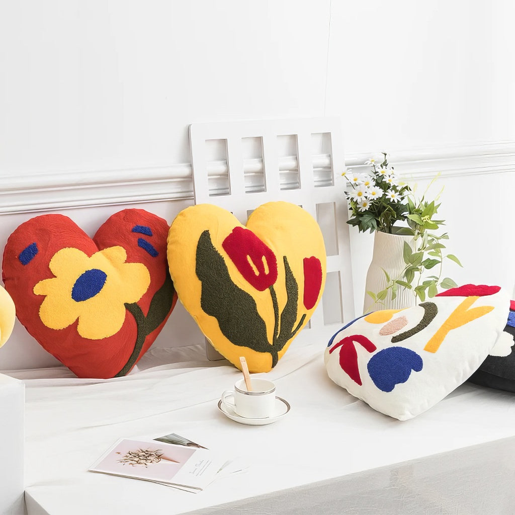 Modern Flowers Tufted Heart Shaped Pillow