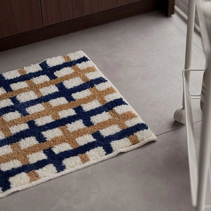 Modern Navy & Tan Grid Plush Accent Rug