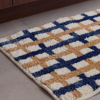 Modern Navy & Tan Grid Plush Accent Rug