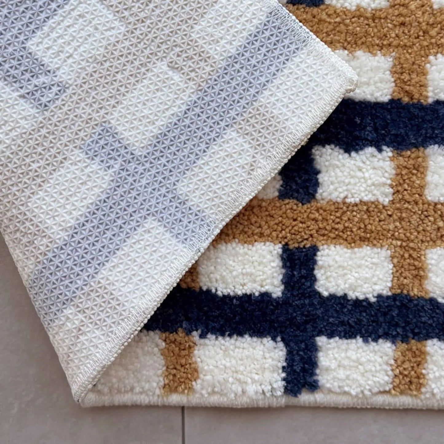 Modern Navy & Tan Grid Plush Accent Rug