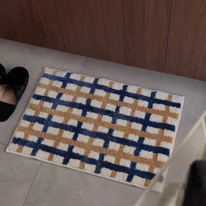 Modern Navy & Tan Grid Plush Accent Rug