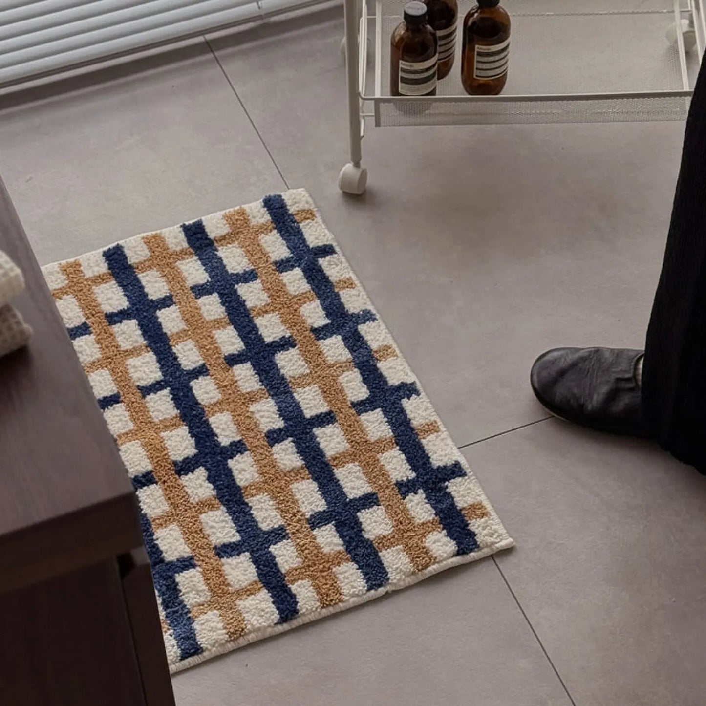 Modern Navy & Tan Grid Plush Accent Rug
