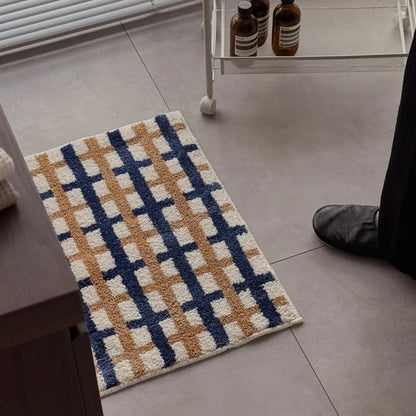 Modern Navy & Tan Grid Plush Accent Rug