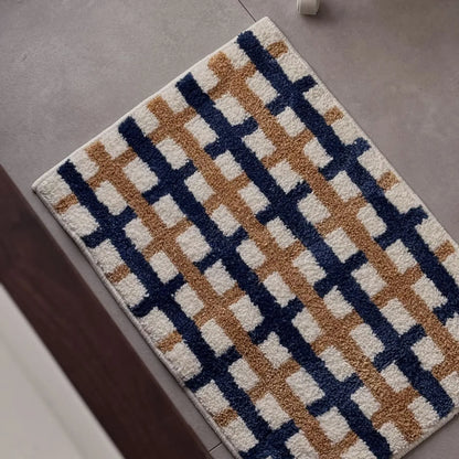 Modern Navy & Tan Grid Plush Accent Rug